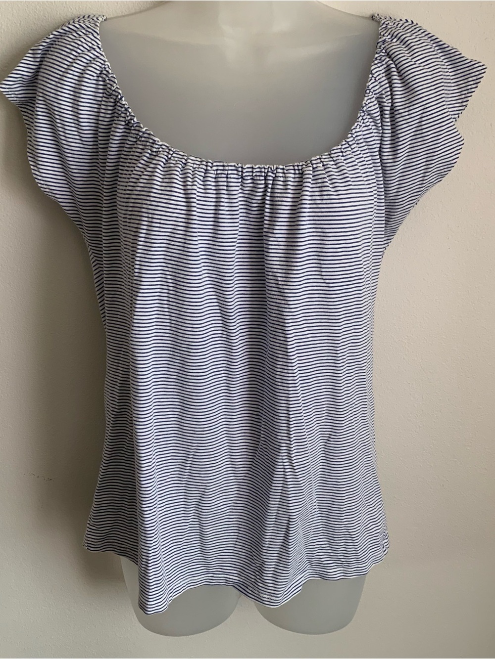 Striped Blue and White tee with Elastic ruffle neckline